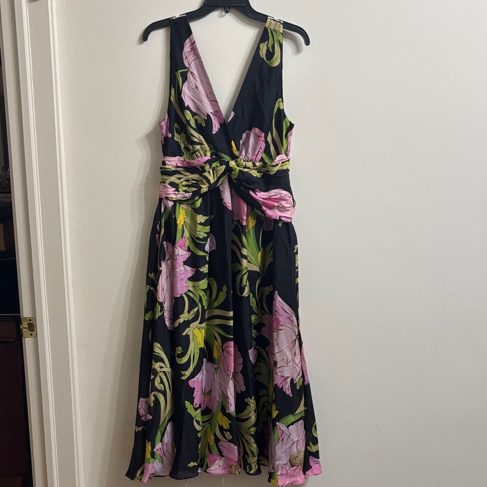 Natori Black Dress with Pink and Green Floral Design